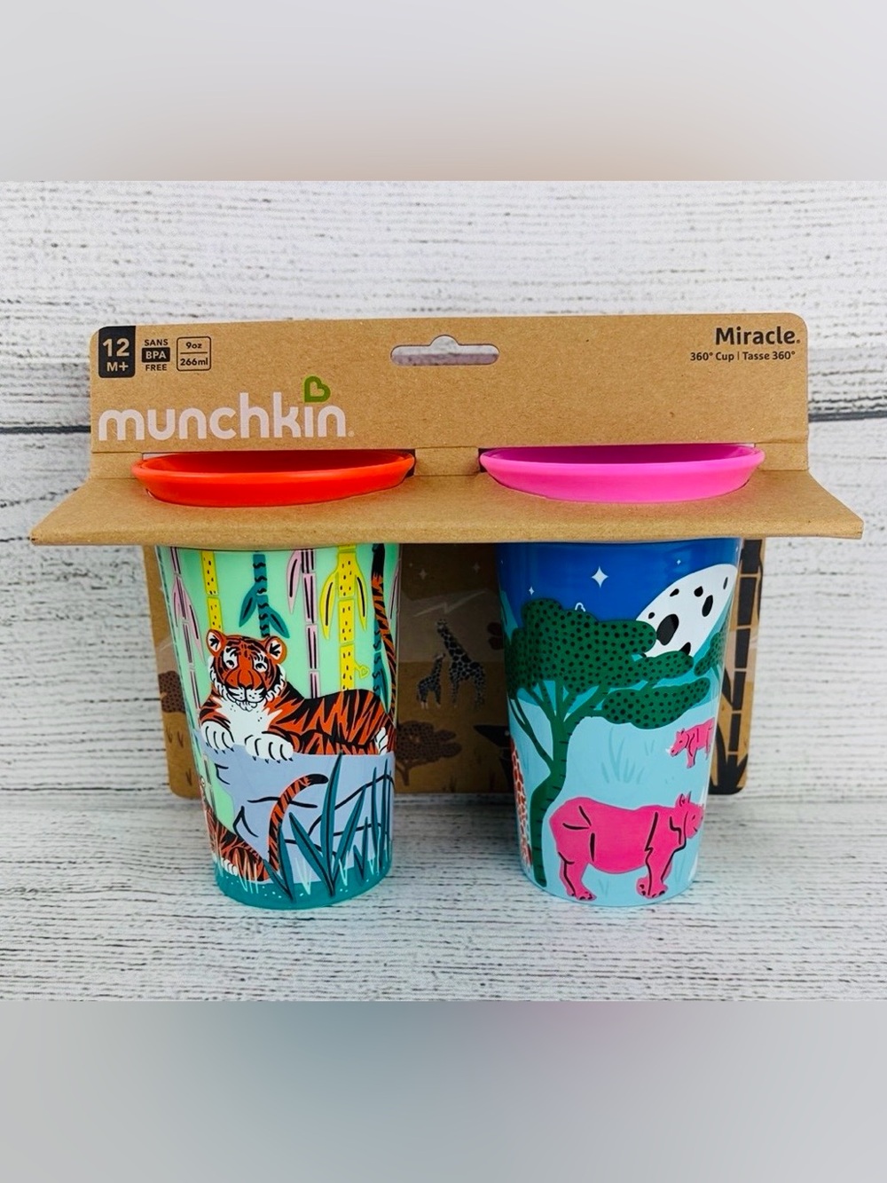Munchkin Miracle 360 Wildove Sippy Cup 9oz 2-Pack Tiger / Rhino 12m+ NEW